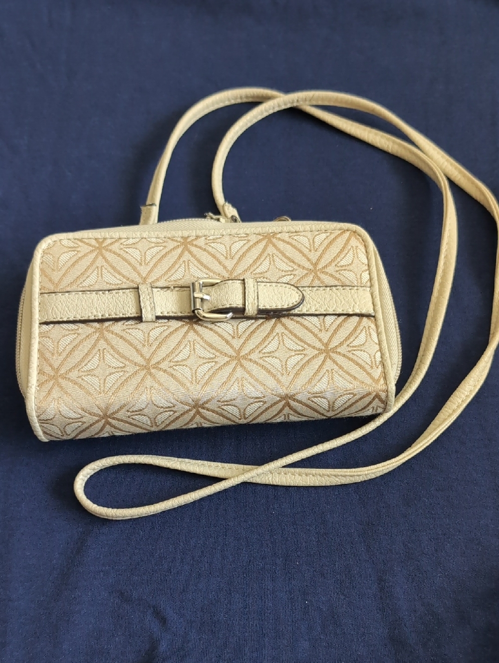 Textured Beige Crossbody Bag with Buckle Accent